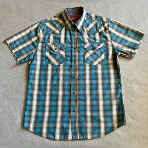 Rodeo Men’s Blue Plaid Button Down Shirt Size Large Western Cowboy